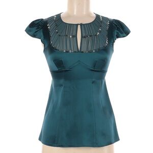Nanette Lepore Teal Satin Blouse with Embellished Neckline